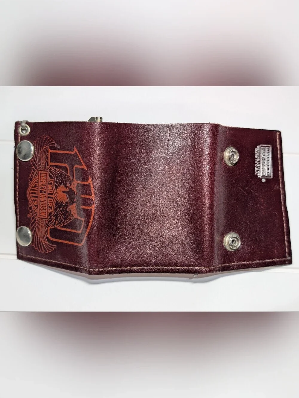 Harley-Davidson Mens Cherry Brown Leather Trifold Wallet Money Clip Photo Insert